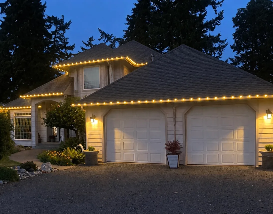 Warm-white Christmas lights outlining the garage and layered rooflines of a Sound Christmas installation at dusk
